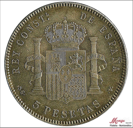 España - 1899 - Alfonso XIII - Nº 00154 - S/C- aUNC - 5 pesetas 1899 (*18*99) SGV - 24,65 gr. plata - Preciosa Patina - rayitas