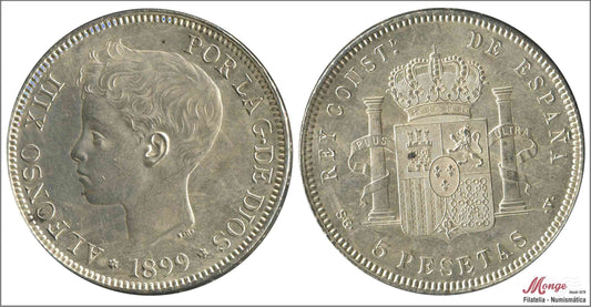 España - 1899 - Alfonso XIII - Nº 00154 - S/C-/aUNC - 5 pesetas 1899 (*18*99) SGV Ag / Brillo original