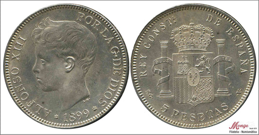 España - 1899 - Alfonso XIII - Nº 00154 - S/C-/aUNC - 5 pesetas 1899 (*18*99) SGV Ag / precioso color - infimo golpecito