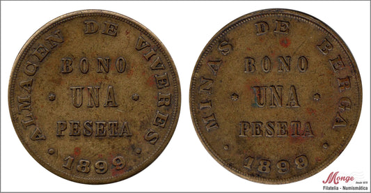 España - 1899 - Cooperativas - Nº AL-3099 - MBC - / VF- - 1 peseta/ Almacen de Viveres "Minas de Berga"/ laton