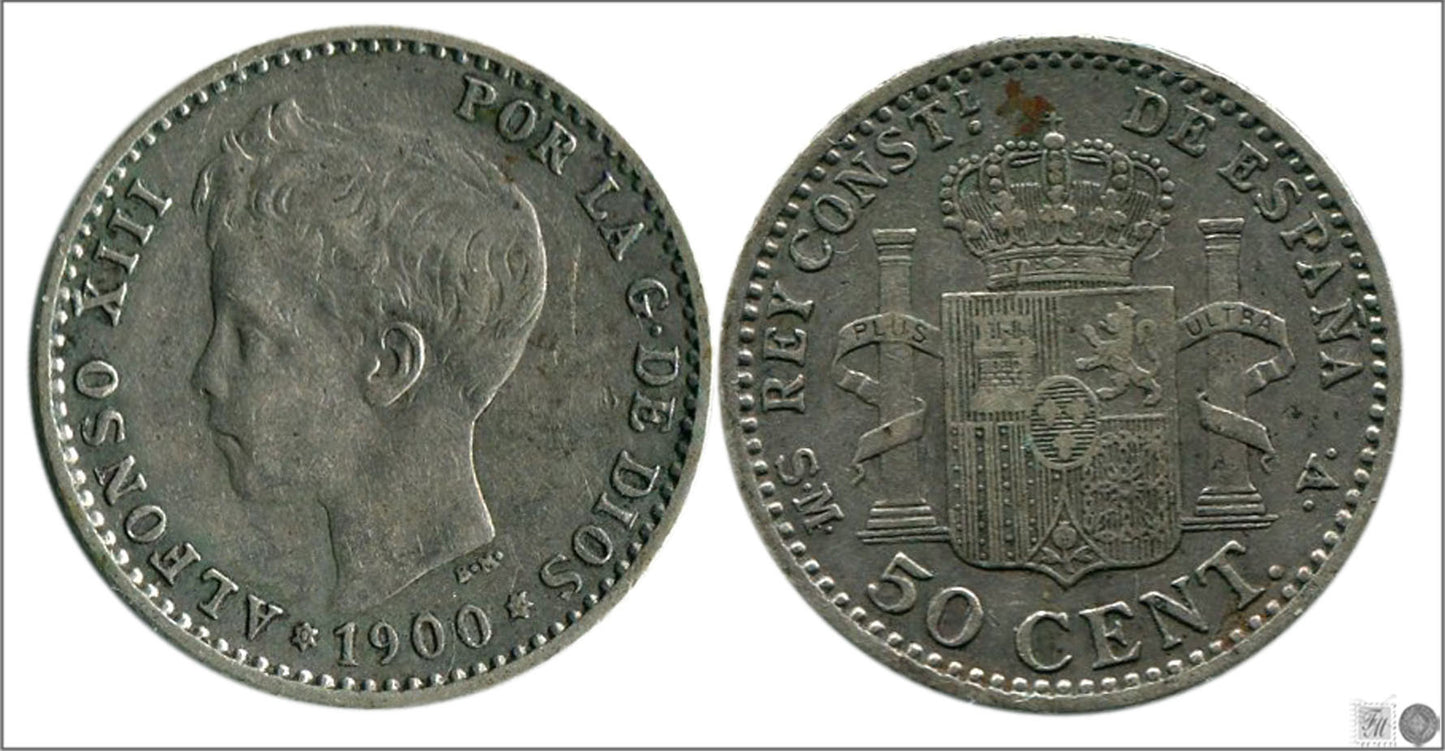 España - 1900 - Alfonso XIII - Nº 00044 - BC / F - 50 centimos 1900 (*00) SMV Ag