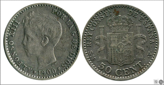 España - 1900 - Alfonso XIII - Nº 00044 - BC / F - 50 centimos 1900 (*00) SMV Ag