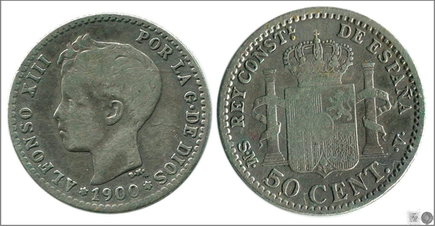 España - 1900 - Alfonso XIII - Nº 00044 - BC- / F- - 50 centimos 1900 SMV Ag