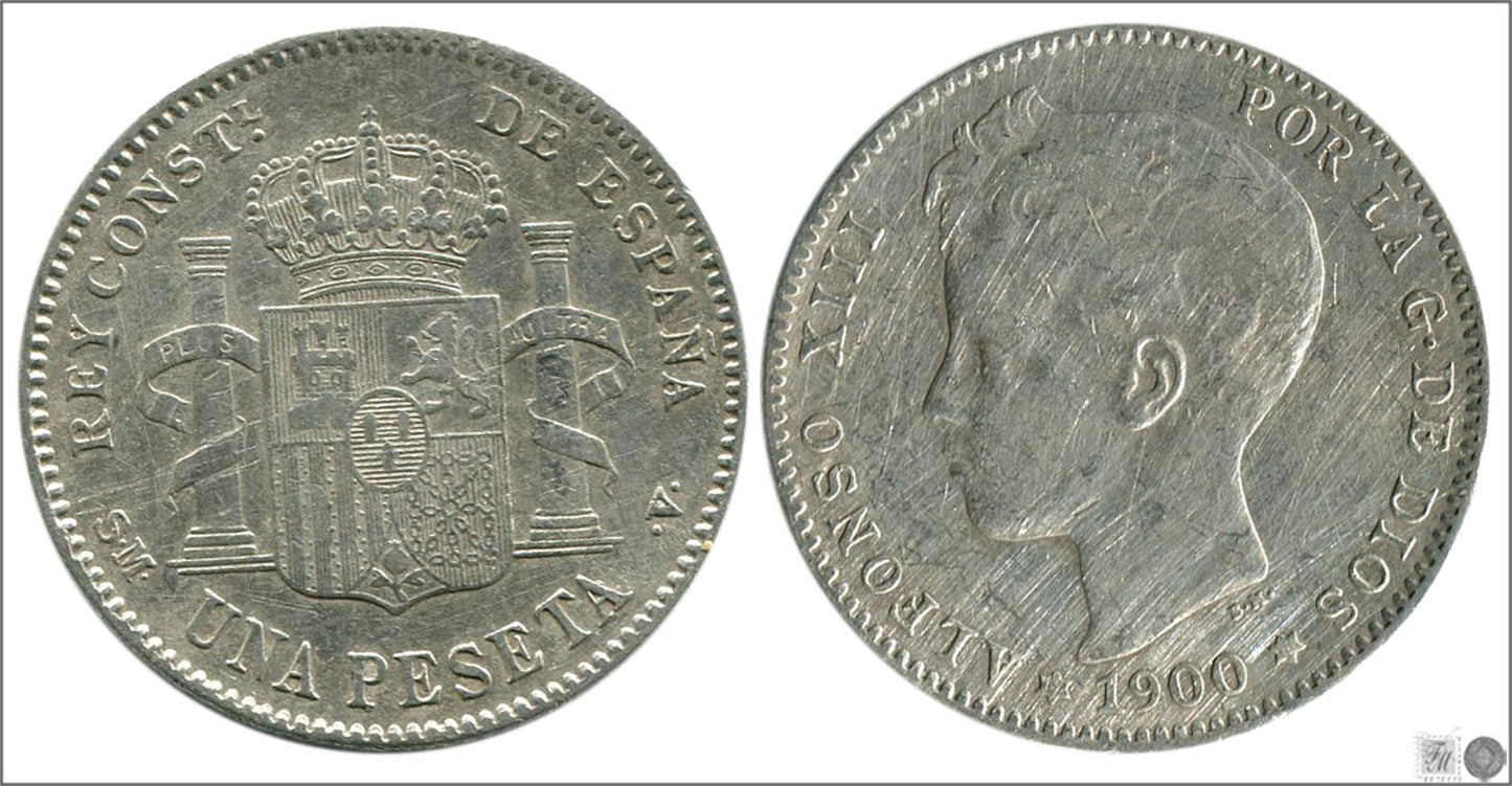 España - 1900 - Alfonso XIII - Nº 00073 - BC / F - 1 peseta 1900 (*00) SMV Ag