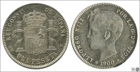 España - 1900 - Alfonso XIII - Nº 00073 - Cara y Cruz - EBC- / EBC+ - 1 peseta 1900 (*19*00) SMV Ag / Pequeña oxidación