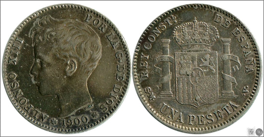 España - 1900 - Alfonso XIII - Nº 00073 - Cara y Cruz - EBC- / MBC+ - 1 peseta 1900 (*19*00) SMV Ag / Patina