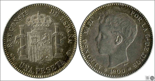 España - 1900 - Alfonso XIII - Nº 00073 - EBC / EBC+ - 1 peseta 1900 (*19*00) SMV Ag / Patina