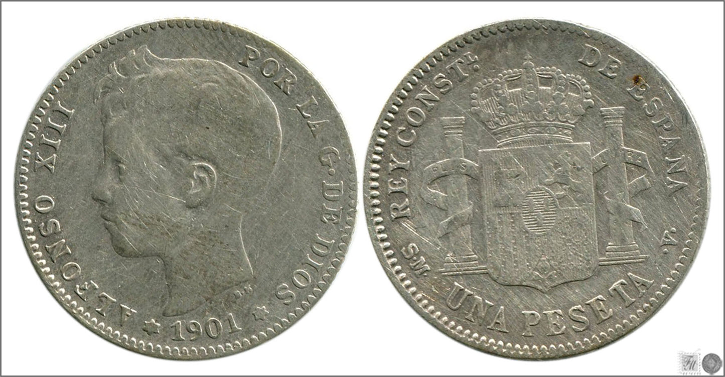 España - 1901 - Alfonso XIII - Nº 00074 - BC+ / F+ - 1 peseta 1901 (*01) SMV Ag