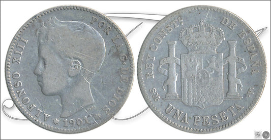 España - 1901 - Alfonso XIII - Nº 00074 - BC- / F- - 1 peseta 1901 SMV Ag