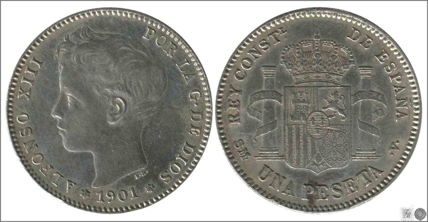 España - 1901 - Alfonso XIII - Nº 00074 - EBC- / MBC+ - 1 peseta 1901 (*19*01) SMV Ag / OFERTA