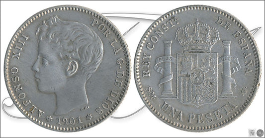 España - 1901 - Alfonso XIII - Nº 00074 - Excelente conservacion menos - EBC- / XF- - 1 peseta 1901 (*19*01) SMV Ag