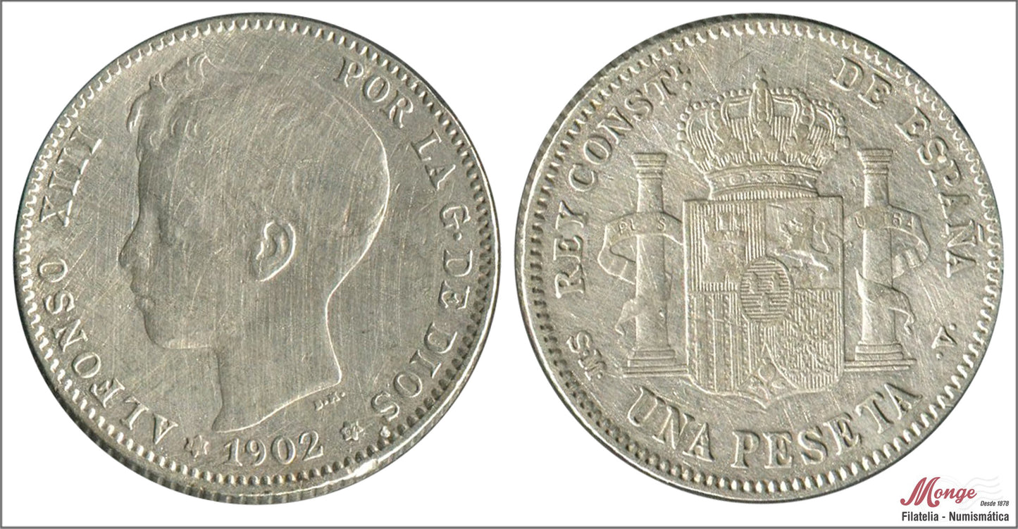 España - 1902 - Alfonso XIII - Nº 00075 - BC / F - 1 peseta 1902 (*19*02) SMV Ag