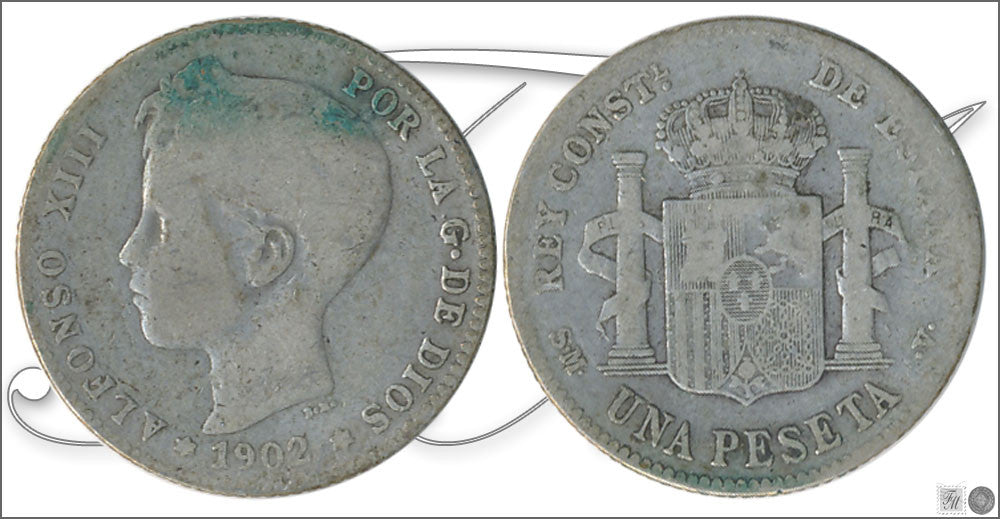 España - 1902 - Alfonso XIII - Nº 00075 - BC- / F- - 1 peseta 1902 SMV Ag