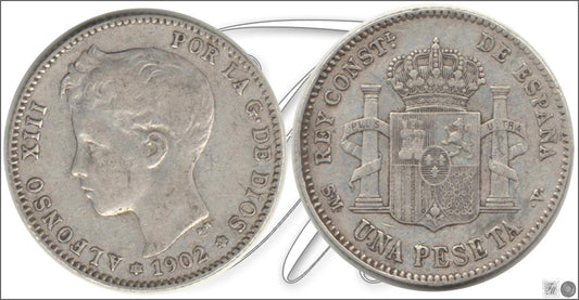 España - 1902 - Alfonso XIII - Nº 00075 - Cara y Cruz - MBC- / MBC - 1 peseta 1902 (*18*02) SMV Ag