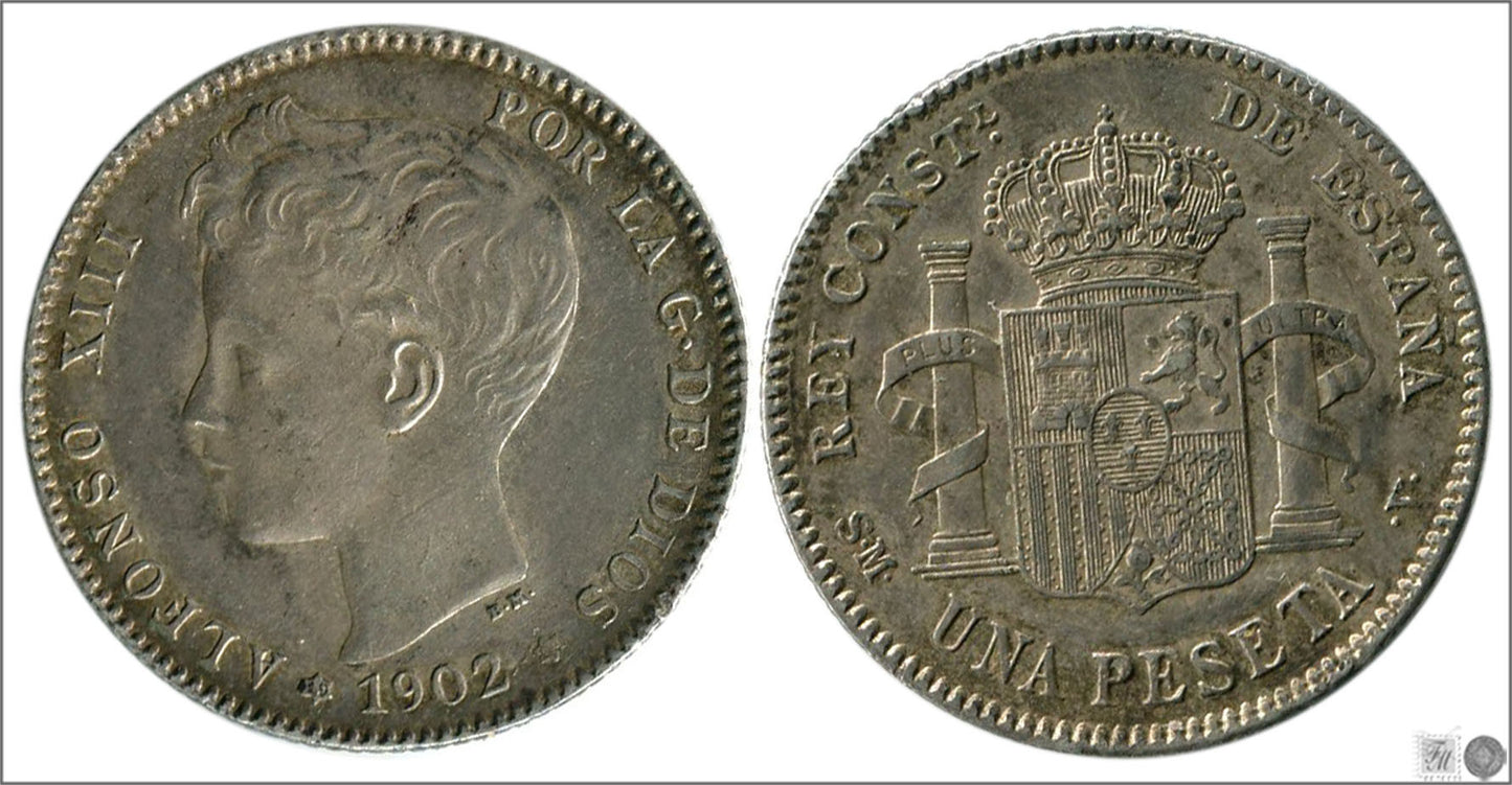 España - 1902 - Alfonso XIII - Nº 00075 - EBC- / XF- - 1 peseta 1902 (*19*02) SMV