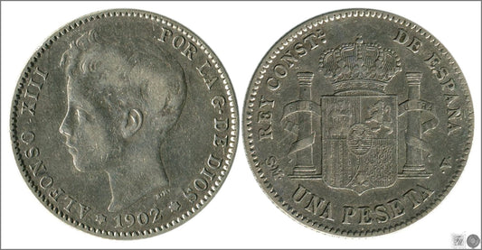 España - 1902 - Alfonso XIII - Nº 00075 - MBC- / MBC - 1 peseta 1902 (*18*02) SMV Ag