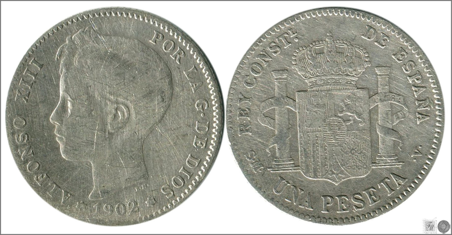 España - 1902 - Alfonso XIII - Nº 00075 - RC / VG - 1 peseta 1902 SMV Ag