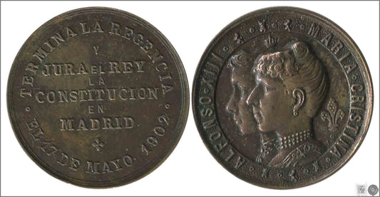 España - 1902 - Medalla - BC / F - Jura de la Constitucion 17/5/1902 / Modelo Muy Raro / 30 mm. diametro / Cu