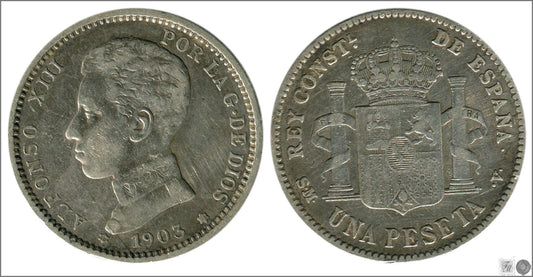 España - 1903 - Alfonso XIII - Nº 00076 - BC+ / F+ - 1 peseta 1903 (*19*03) SMV Ag