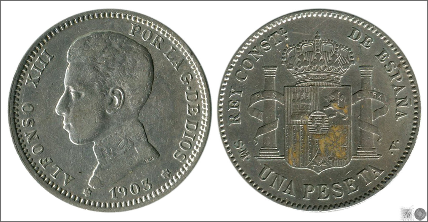 España - 1903 - Alfonso XIII - Nº 00076 - MBC+ / VF+ - 1 peseta 1903 (*18*03) SMV Ag