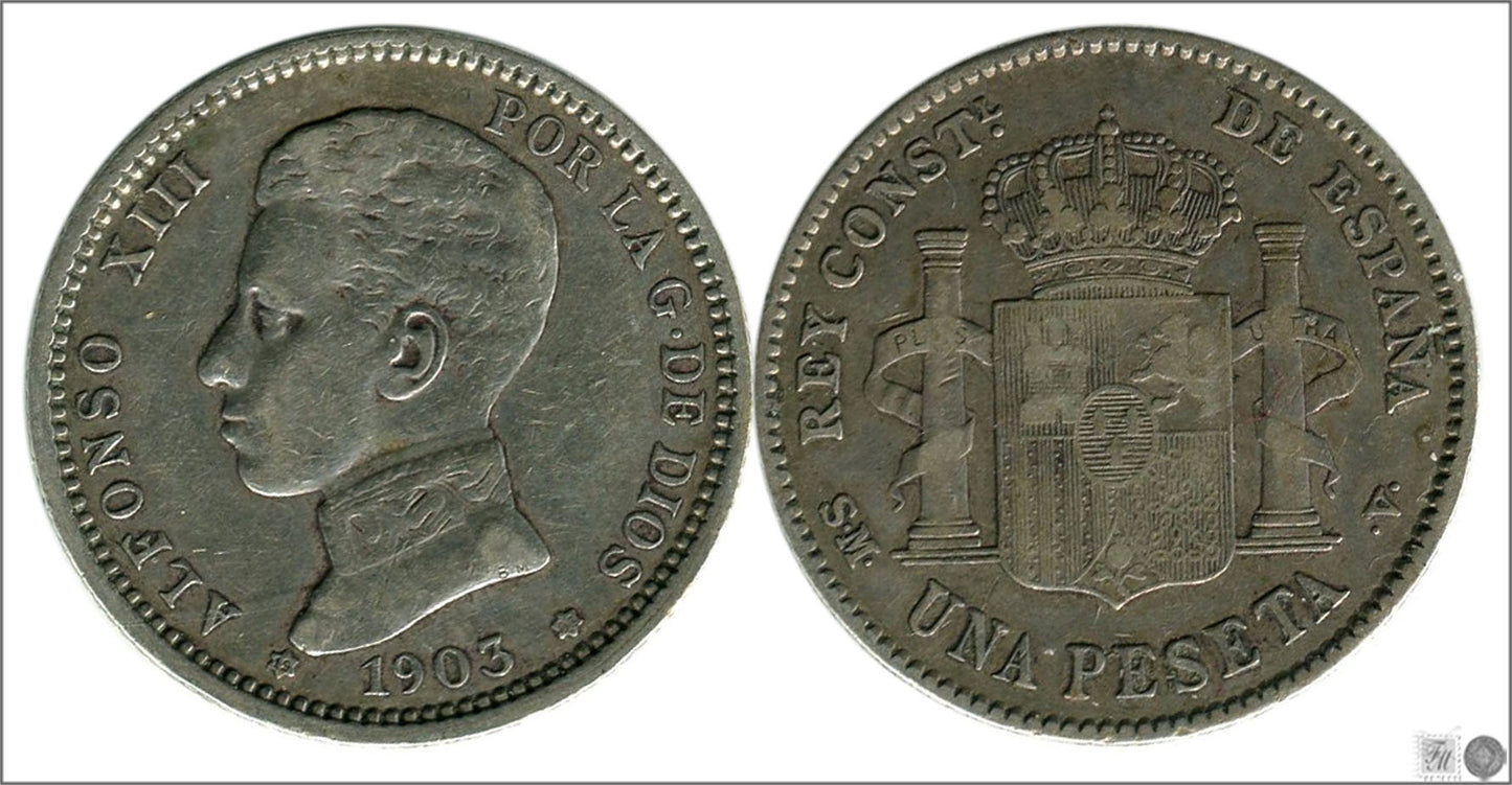 España - 1903 - Alfonso XIII - Nº 00076 - MBC - / VF- - 1 peseta 1903 (*19*03) SMV Ag