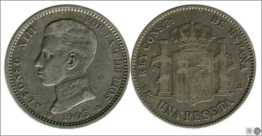 España - 1903 - Alfonso XIII - Nº 00076 - MBC - / VF- - 1 peseta 1903 (*19*03) SMV Ag