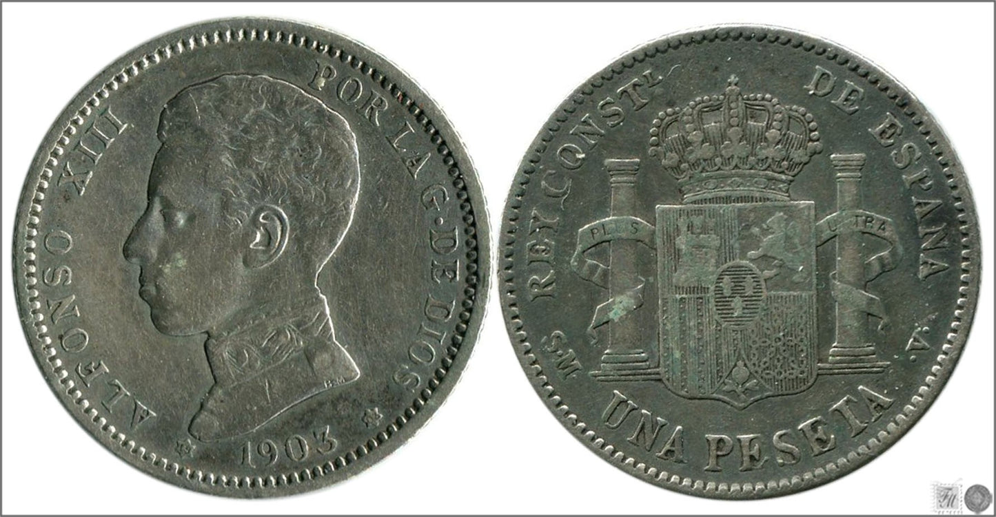 España - 1903 - Alfonso XIII - Nº 00076 - Muy Buena conservación - MBC / VF - 1 peseta 1903 (*19*03) SMV Ag