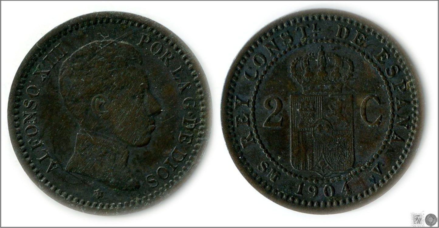 España - 1904 - Alfonso XIII - Nº 00010 - BC / F - 2 centimos 1904 (*04) SMV Cu