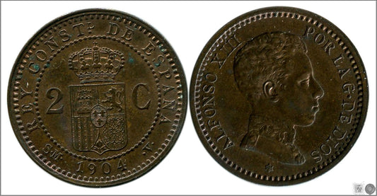 España - 1904 - Alfonso XIII - Nº 00010 - EBC+/SC- - 2 centimos 1904 (*04) SMV Cu