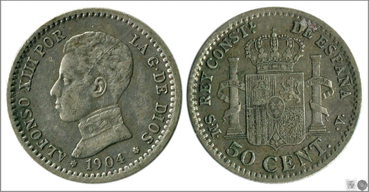 España - 1904 - Alfonso XIII - Nº 00045 - BC+ / F+ - 50 centimos 1904 (*04) SMV Ag