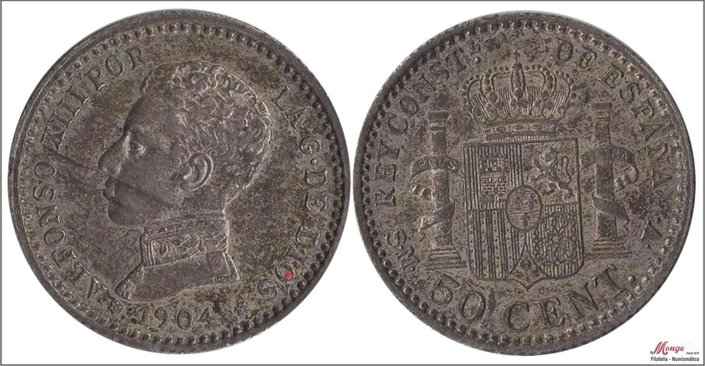 España - 1904 - Alfonso XIII - Nº 00045 - EBC+ / XF+ - 50 centimos 1904 (*04) SMV Ag - Patina original