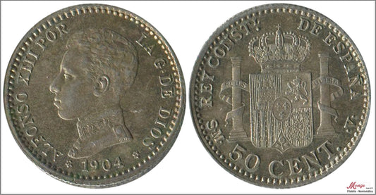 España - 1904 - Alfonso XIII - Nº 00045 - S/C-/aUNC - 50 centimos 1904 (*04) SMV Ag - Patina original