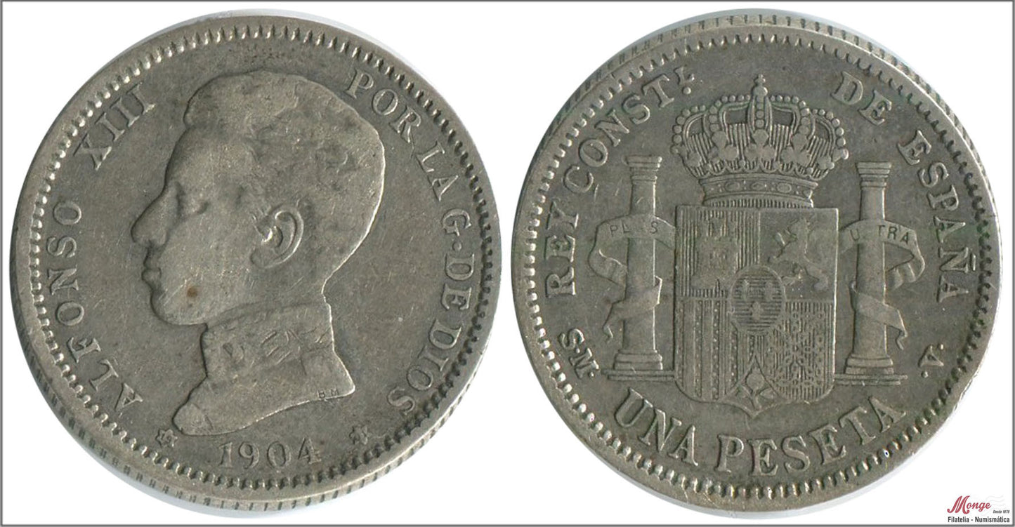 España - 1904 - Alfonso XIII - Nº 00077 - BC / F - 1 peseta 1904 (*18*04) SMV Ag