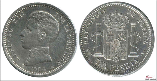 España - 1904 - Alfonso XIII - Nº 00077 - EBC / XF - 1 peseta 1904 (*18*04) SMV Ag