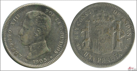 España - 1905 - Alfonso XIII - Nº 00078 - BC / F - 1 peseta 1905 (*19*05) SMV Ag