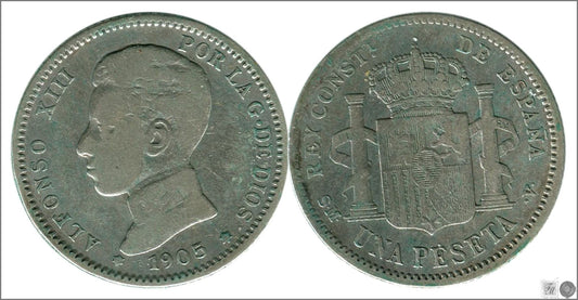 España - 1905 - Alfonso XIII - Nº 00078 - Buena conservación - BC- / F- - 1 peseta 1905 (*19*0) SMV Ag