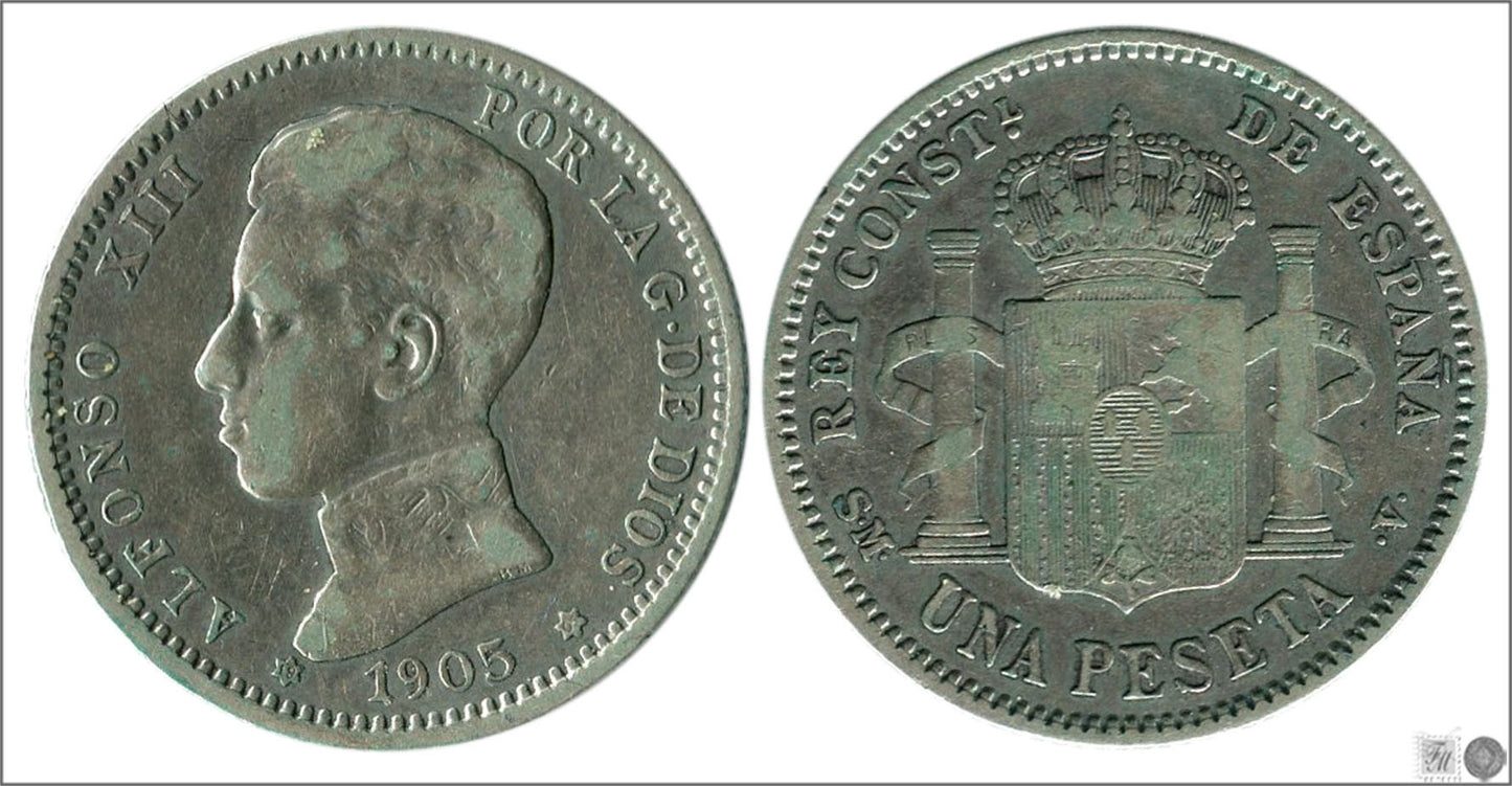 España - 1905 - Alfonso XIII - Nº 00078 - MBC- / BC - 1 peseta 1905 (*19*05) SMV