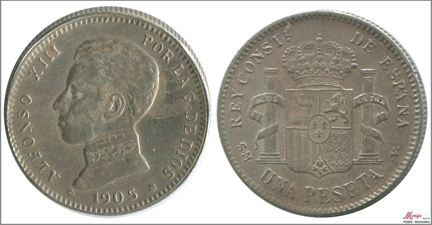 España - 1905 - Alfonso XIII - Nº 00078 - MBC - / VF- - 1 peseta 1905 (*19*05) SMV