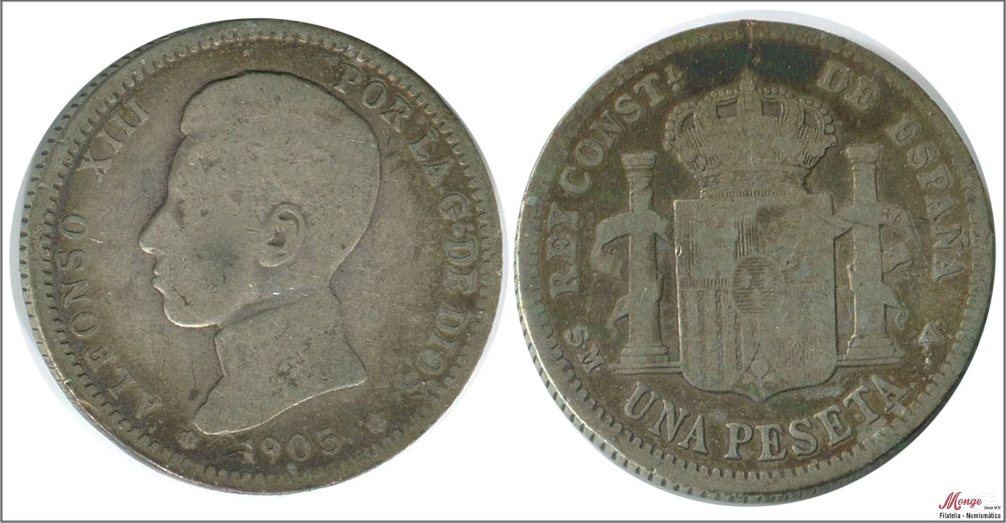 España - 1905 - Alfonso XIII - Nº 00078 - MC / G - 1 peseta 1905 SMV Ag