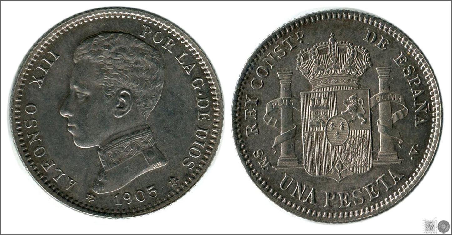 España - 1905 - Alfonso XIII - Nº 00078 - Sin circular menos - S/C-/aUNC - 1 peseta 1905 SMV / Patina / Esplendida