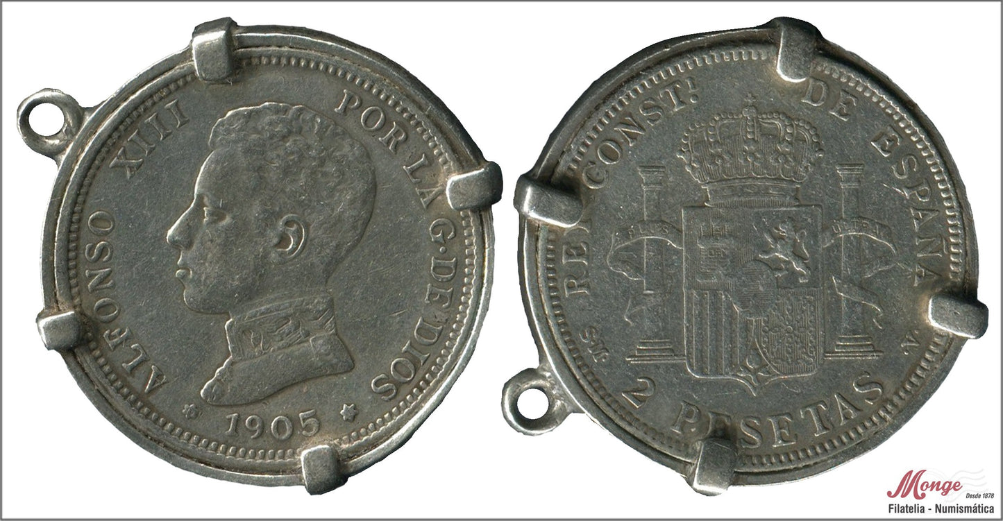 España - 1905 - Alfonso XIII - Nº 00100 - EBC- / XF- - 2 pesetas 1905 (*18*05) SMV Ag en - aro de plata de 2 gramos para colgar