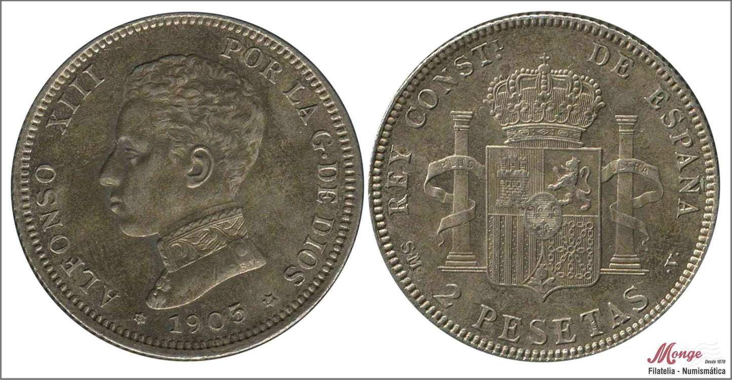 España - 1905 - Alfonso XIII - Nº 00100 - EBC+ / XF+ - 2 pesetas 1905 (*19*05) SMV Ag - Patina