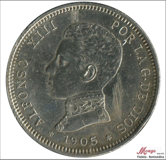 España - 1905 - Alfonso XIII - Nº 00100 - MBC - / VF- - 2 pesetas 1905 (*18*05) SMV - 10 gr. plata