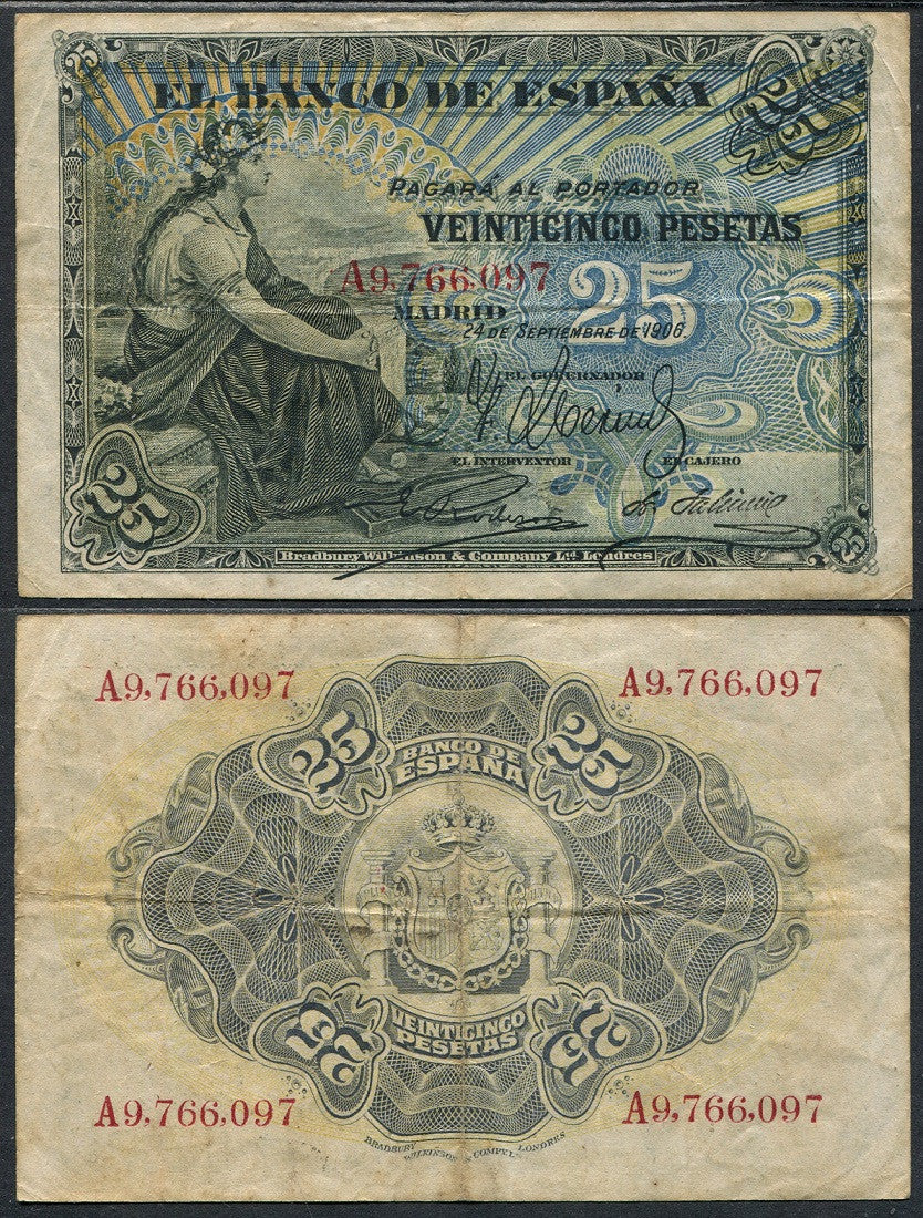 España - 1906 - Billetes Alfonso XIII - Nº 00307 - MBC/VF - 25 pesetas 1906 Serie A