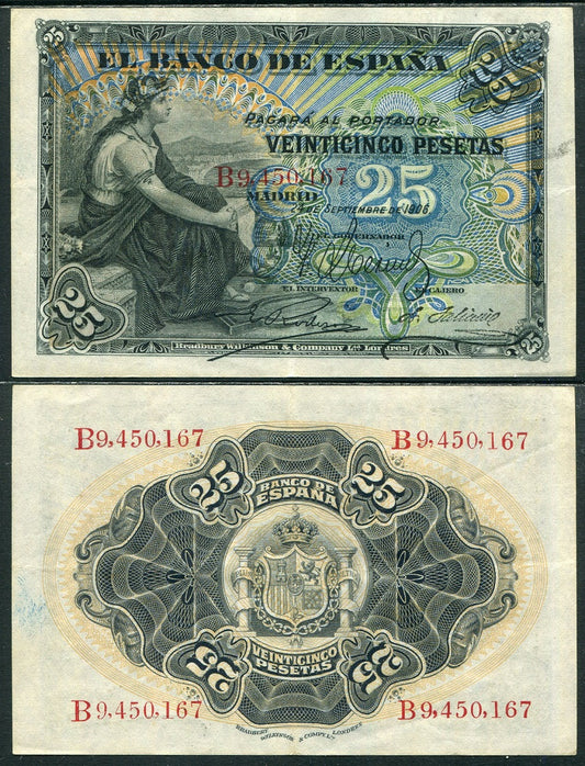 España - 1906 - Billetes Alfonso XIII - Nº 00307 - MBC+/VF+ - 25 pesetas 1906 Serie B