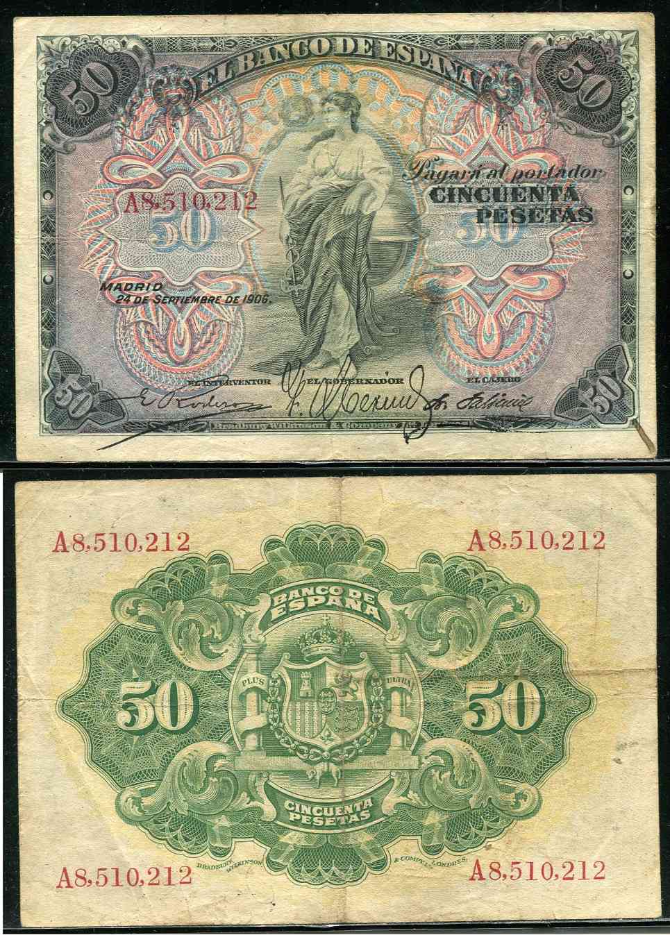 España - 1906 - Billetes Alfonso XIII - Nº 00318 - MBC/VF - 50 pesetas 1906 serie A