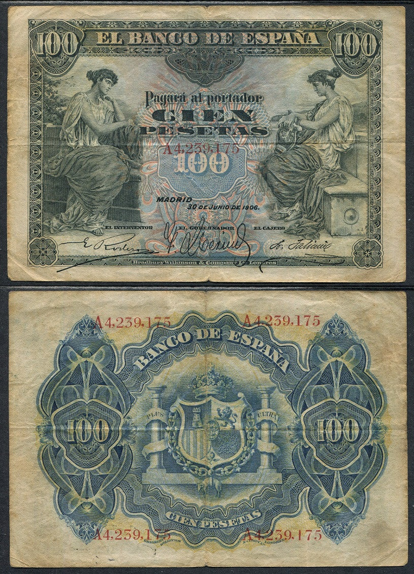 España - 1906 - Billetes Alfonso XIII - Nº 00327 - BC/F - 100 pesetas 1906 serie A