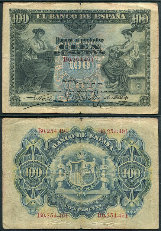 España - 1906 - Billetes Alfonso XIII - Nº 00327 - BC-/F- - 100 pesetas 1906 serie B