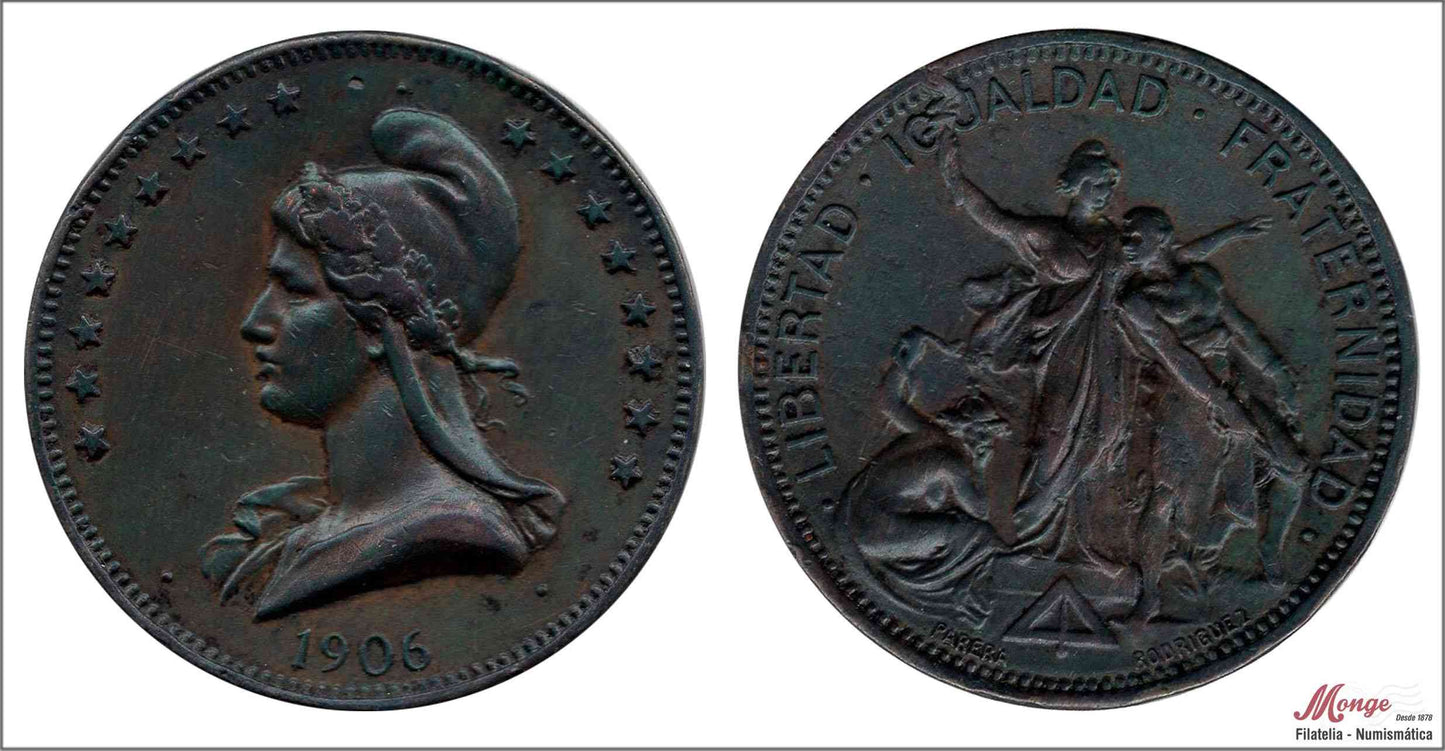 España - 1906 - Medalla - Nº NC-002 - EBC / XF - Republicana Libertad, Igualdad, Fraternidad "Dama Gorro Grigido" / bronce - 30m