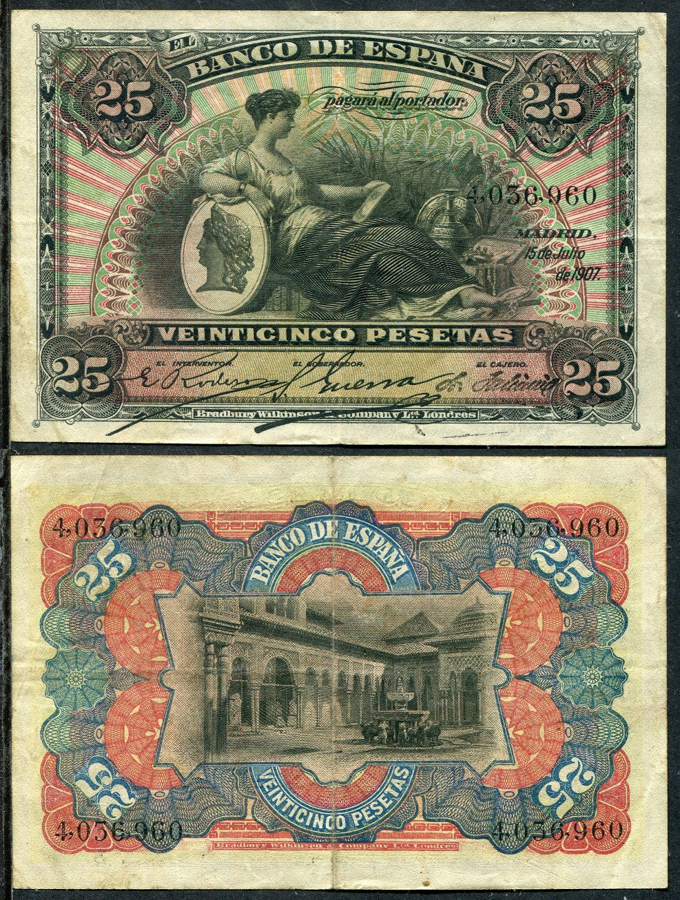 España - 1907 - Billetes Alfonso XIII - Nº 00308 - MBC/VF - 25 pesetas 1907 sin serie